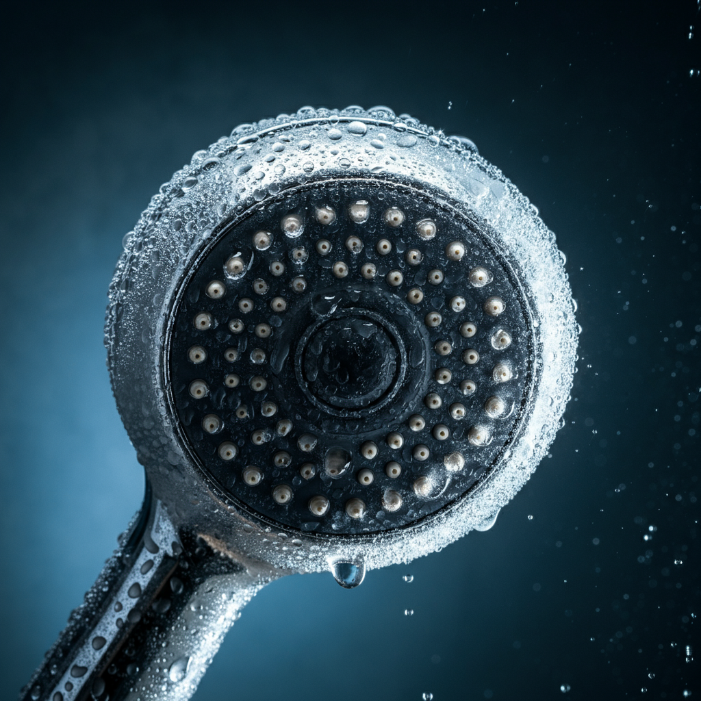 A frosted shower head with water droplets clinging to it. The background is slightly blurred to emphasize the texture of the ice and water.