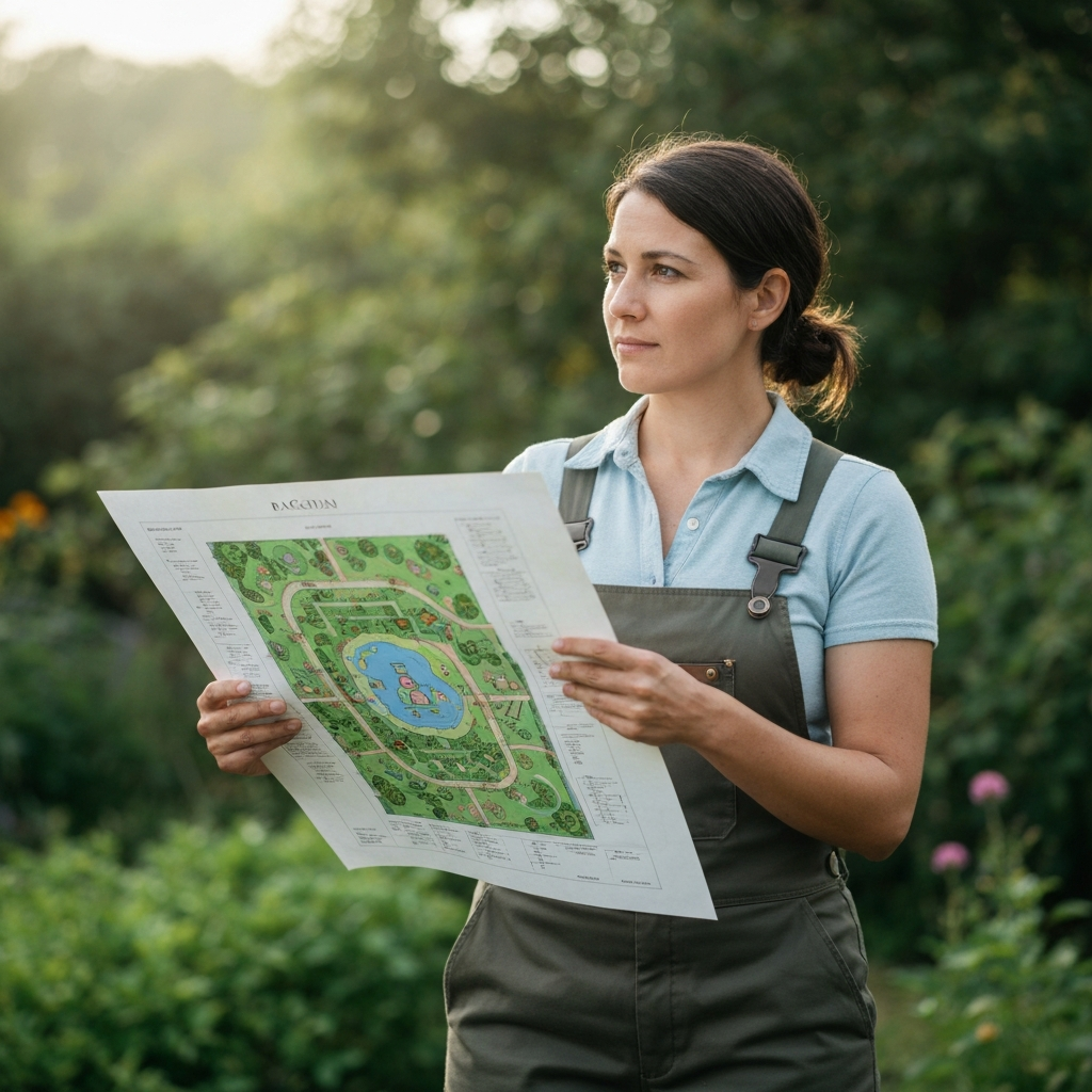 A person standing in a garden, holding a transparent Bagua map overlayed on a garden plan. Soft, diffused daylight illuminates the scene. The person is dressed in gardening attire, and their expression is thoughtful and focused. The garden is lush and green in the background.