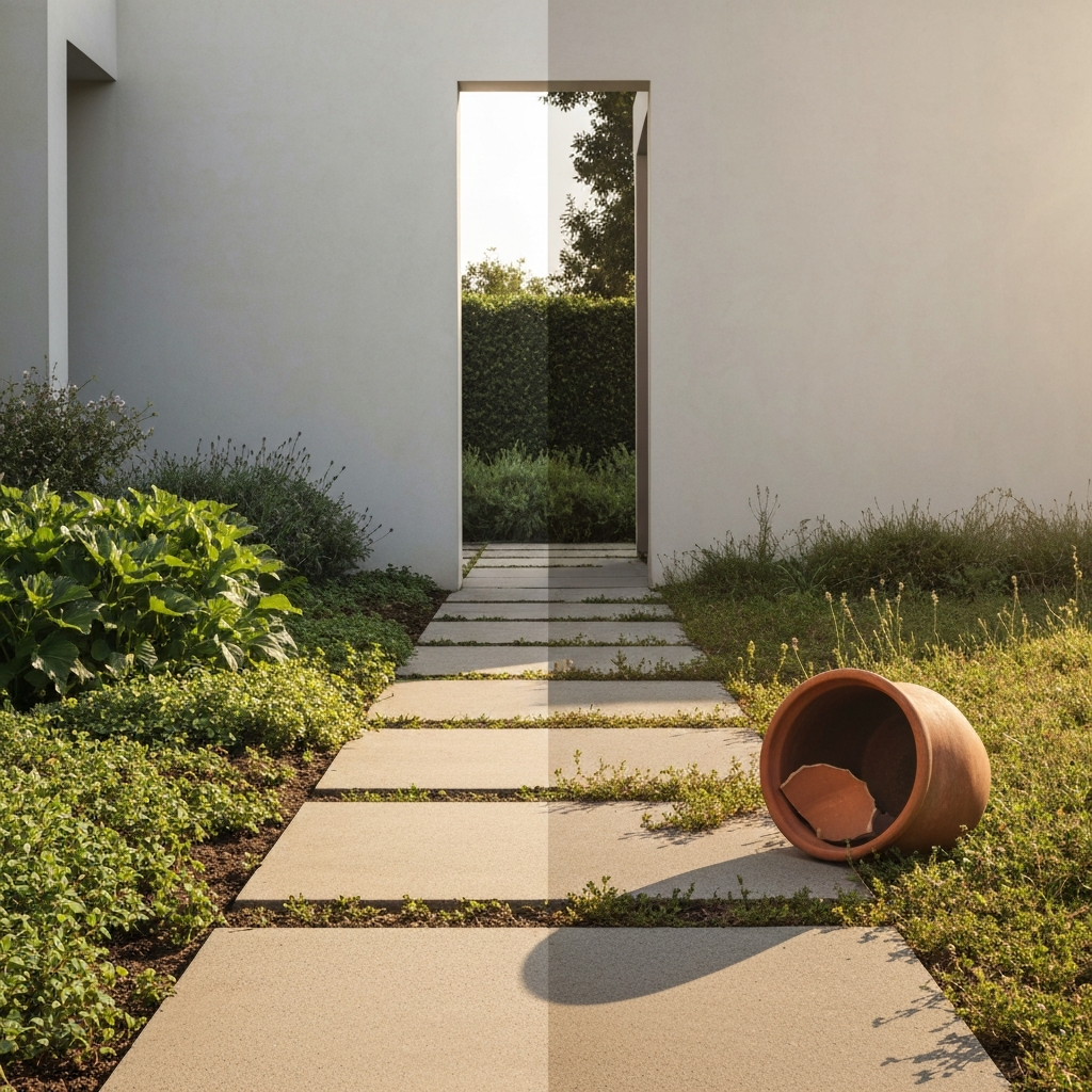 A section of a garden with a pathway. One side of the pathway is meticulously cleaned and features thriving plants. The other side contains a few weeds and a cracked terracotta pot. Soft golden hour lighting highlights the contrast between the two sides.