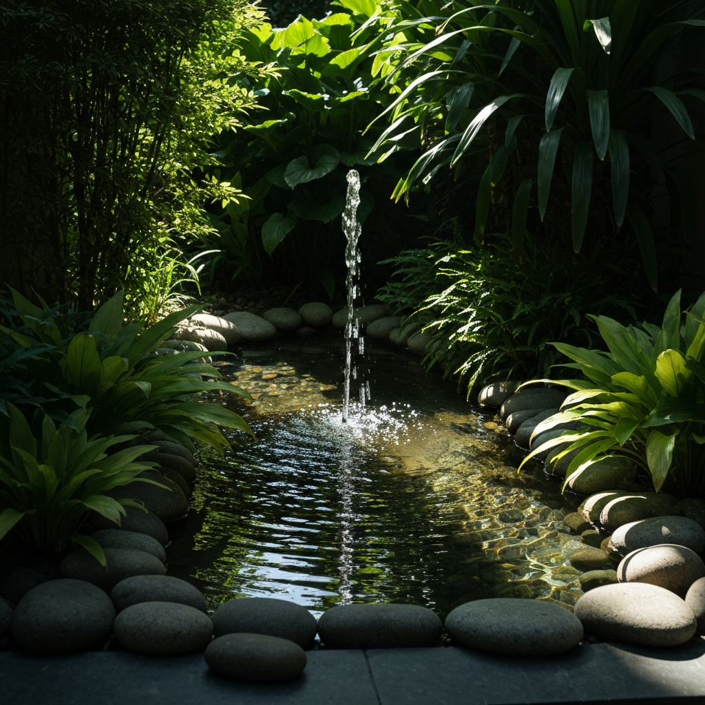 A tranquil water feature in a lush garden, gently illuminated by dappled sunlight. The water is clear, and the surrounding plants are vibrant green. Smooth stones border the water feature.
