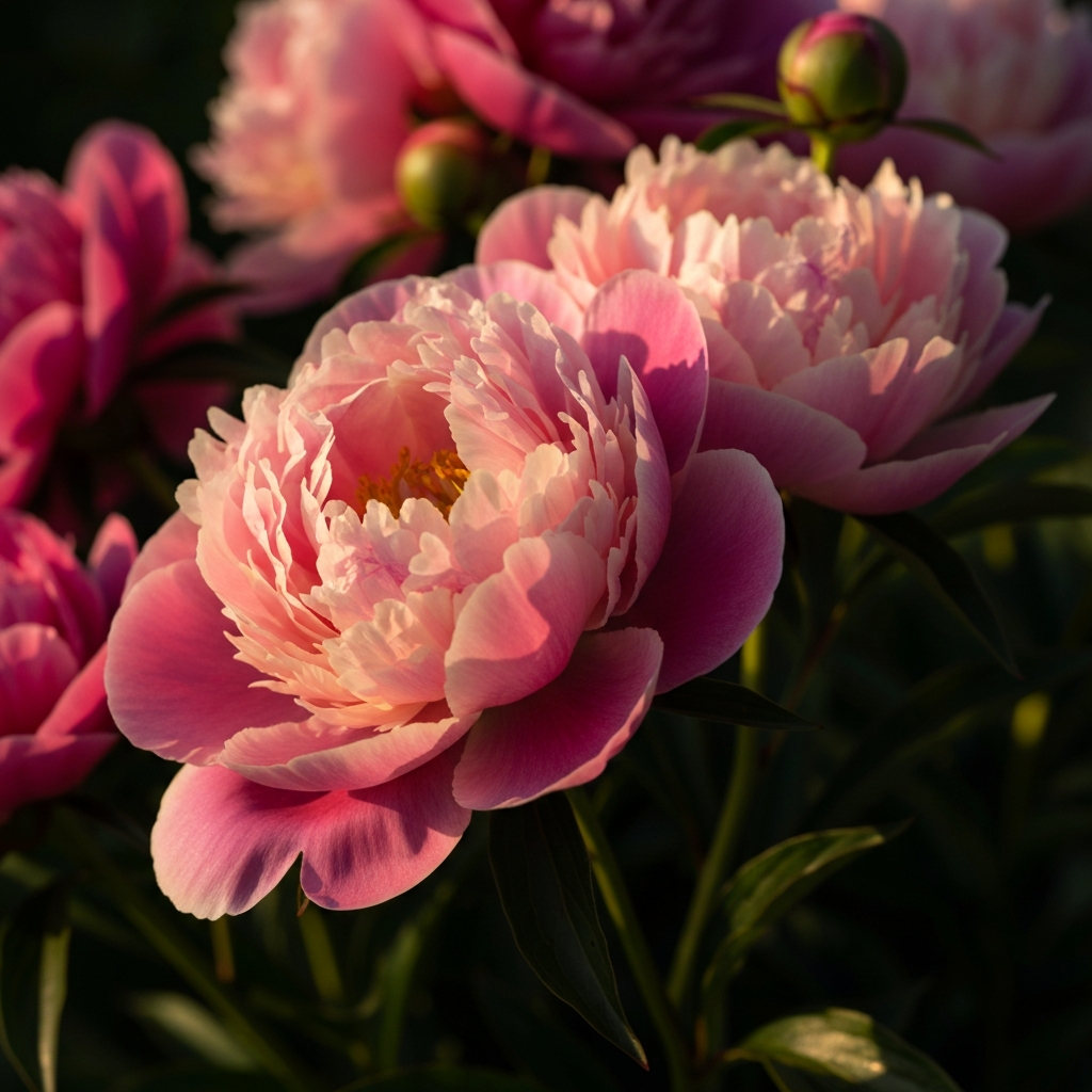 A close-up of healthy, vibrant peony blossoms in full bloom. The scene is bathed in soft, golden light, highlighting the delicate textures of the petals.