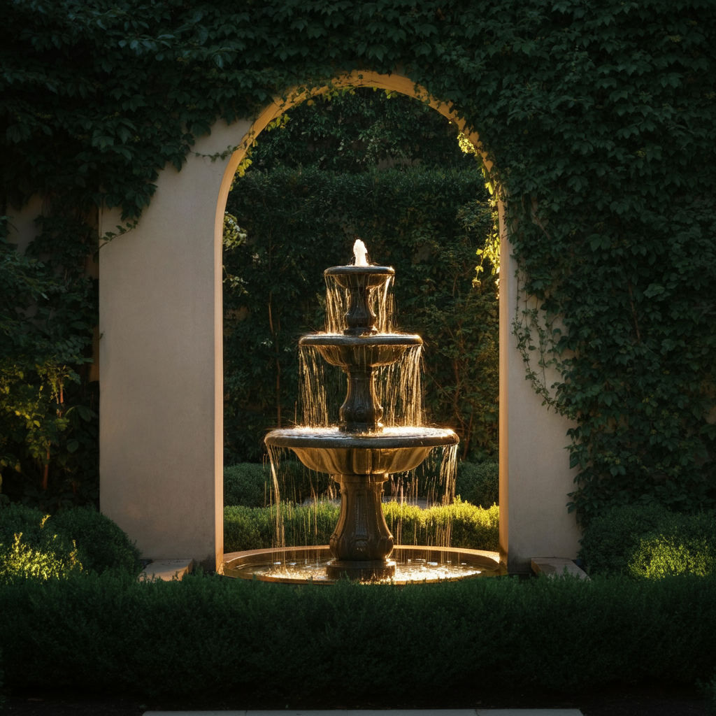 A small, elegant fountain in a serene garden setting. The fountain is surrounded by lush greenery, and the sound of trickling water is audible. The lighting is soft and diffused, creating a relaxing atmosphere.
