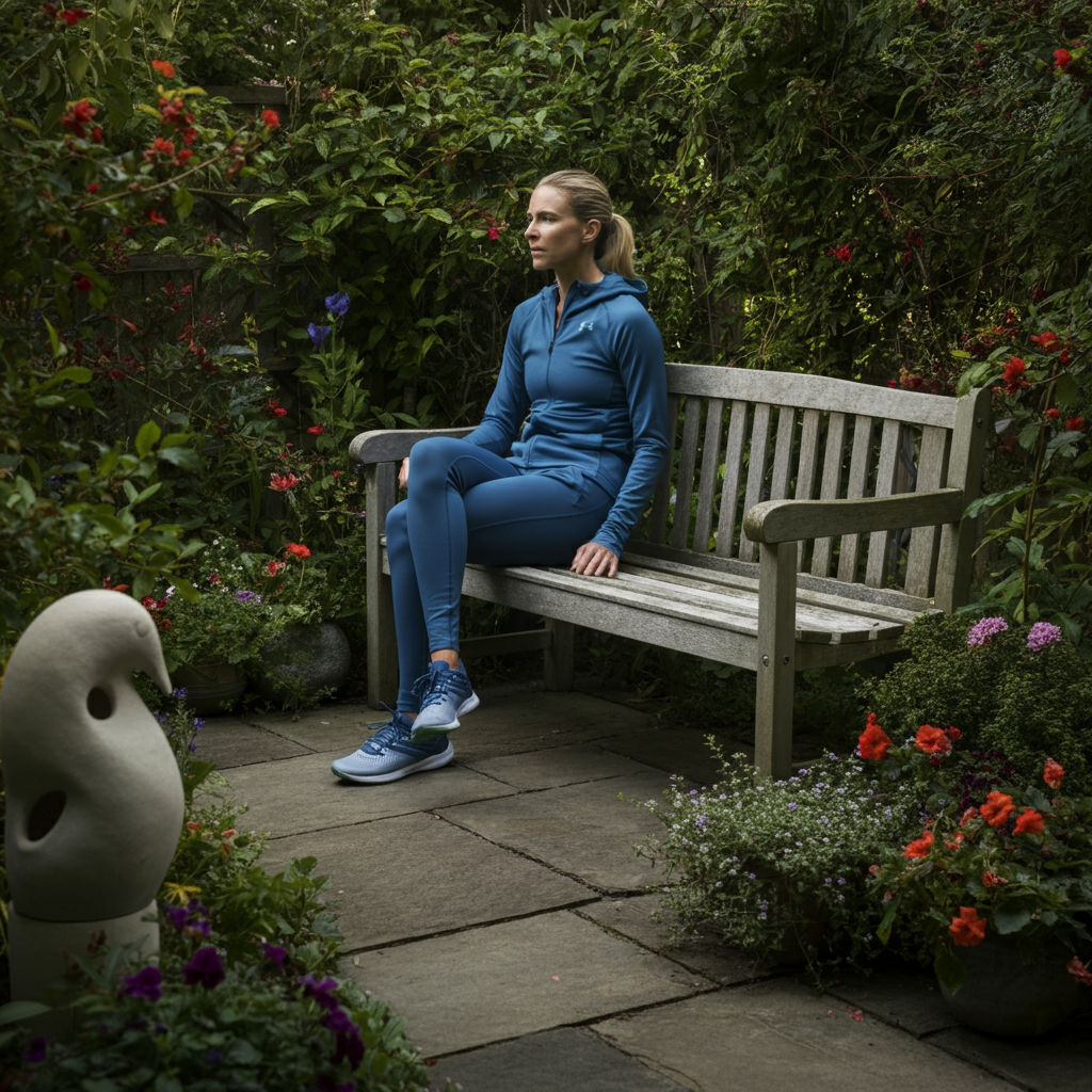 A comfortable garden bench nestled among flowering plants. A ceramic garden sculpture stands nearby, and a gentle breeze rustles through the leaves. The scene is bathed in warm, late-afternoon light.