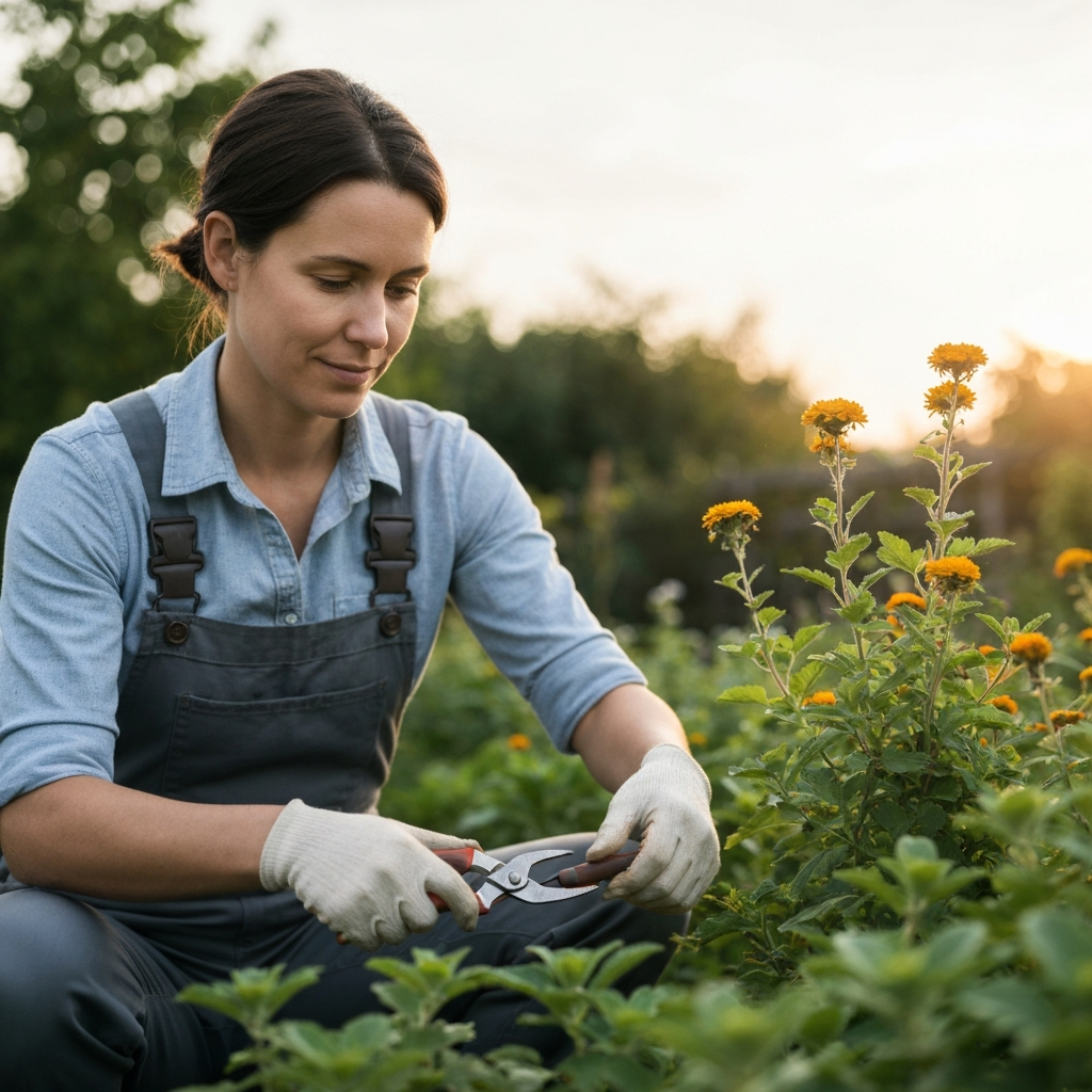 A person tending to their garden, pruning plants with care and attention. The person is dressed in comfortable gardening attire, and their expression is peaceful and content. The garden is well-maintained and vibrant.