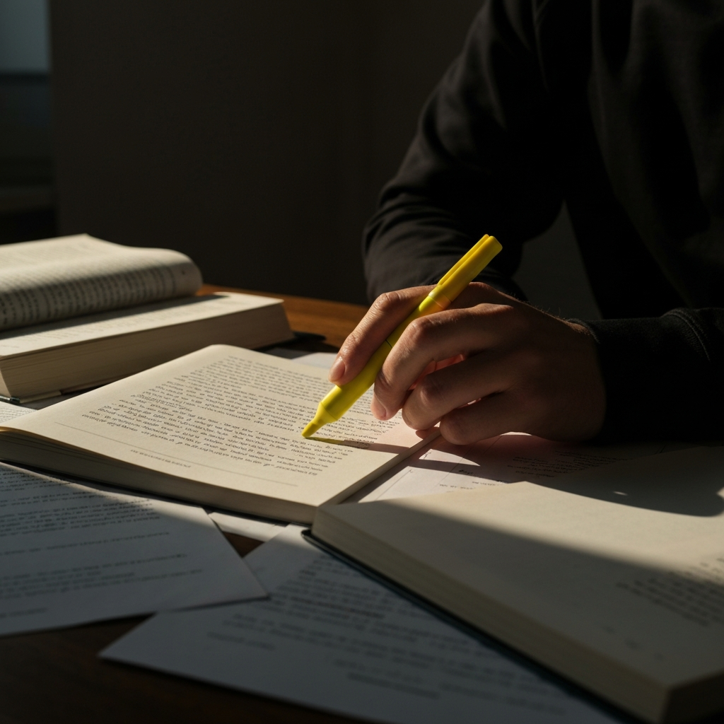 A person sitting at a desk, surrounded by books and papers, highlighting a passage in a philosophy book with a yellow highlighter. The scene is side-lit, creating strong shadows and highlighting the texture of the paper.