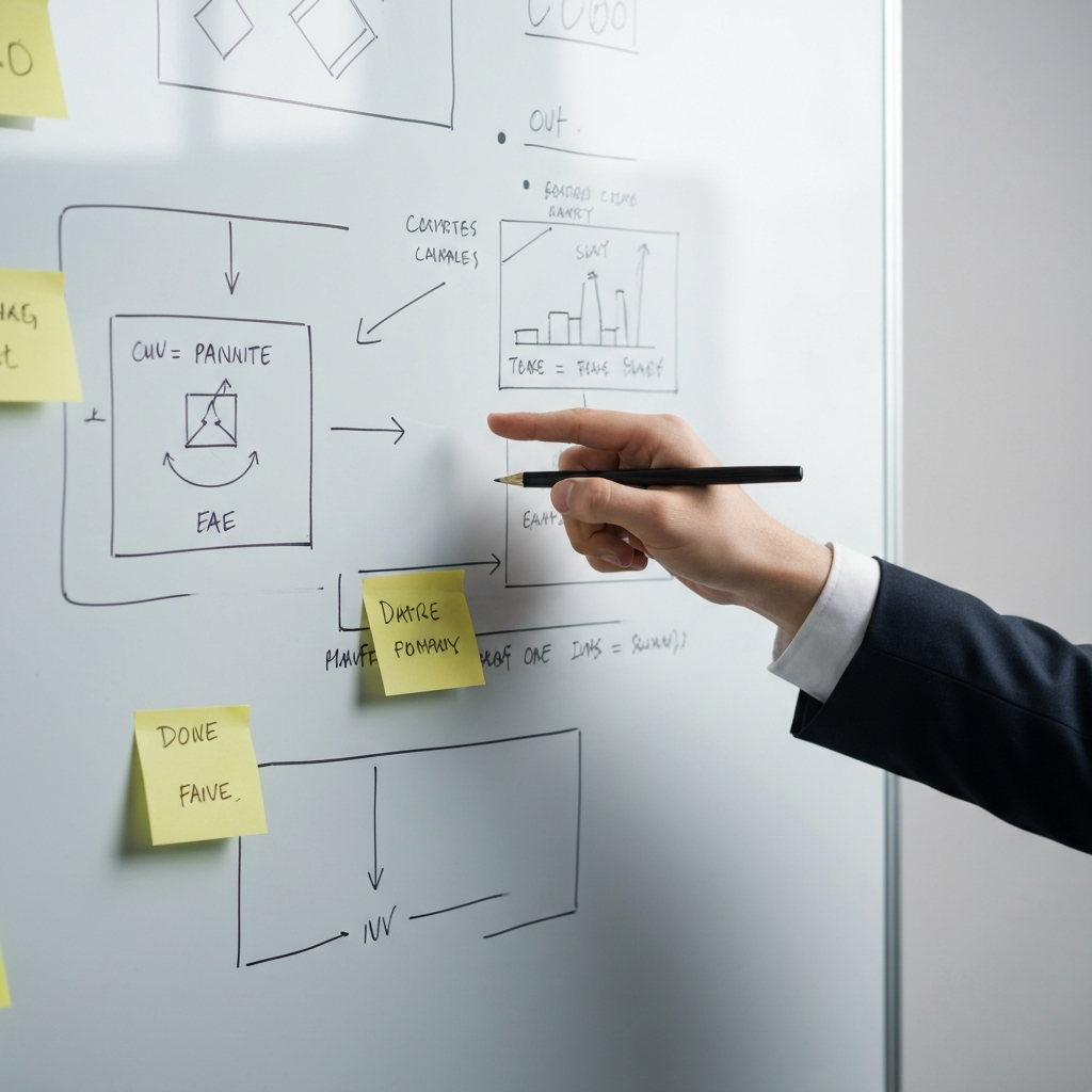A whiteboard with diagrams and notes scribbled on it. A hand is pointing to a particular section of the board, explaining an argument.