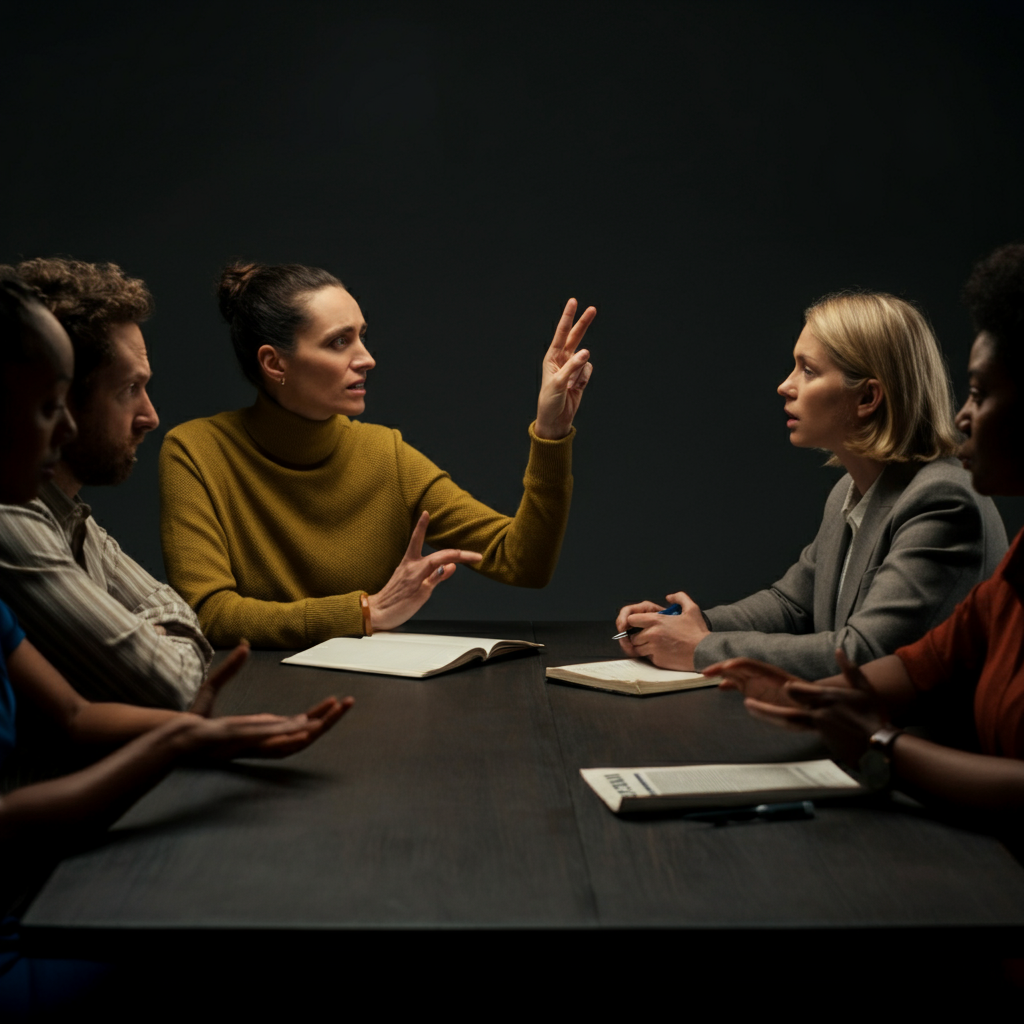 A group of people sitting around a table, engaged in a lively discussion. They are gesturing and making eye contact, suggesting active participation.