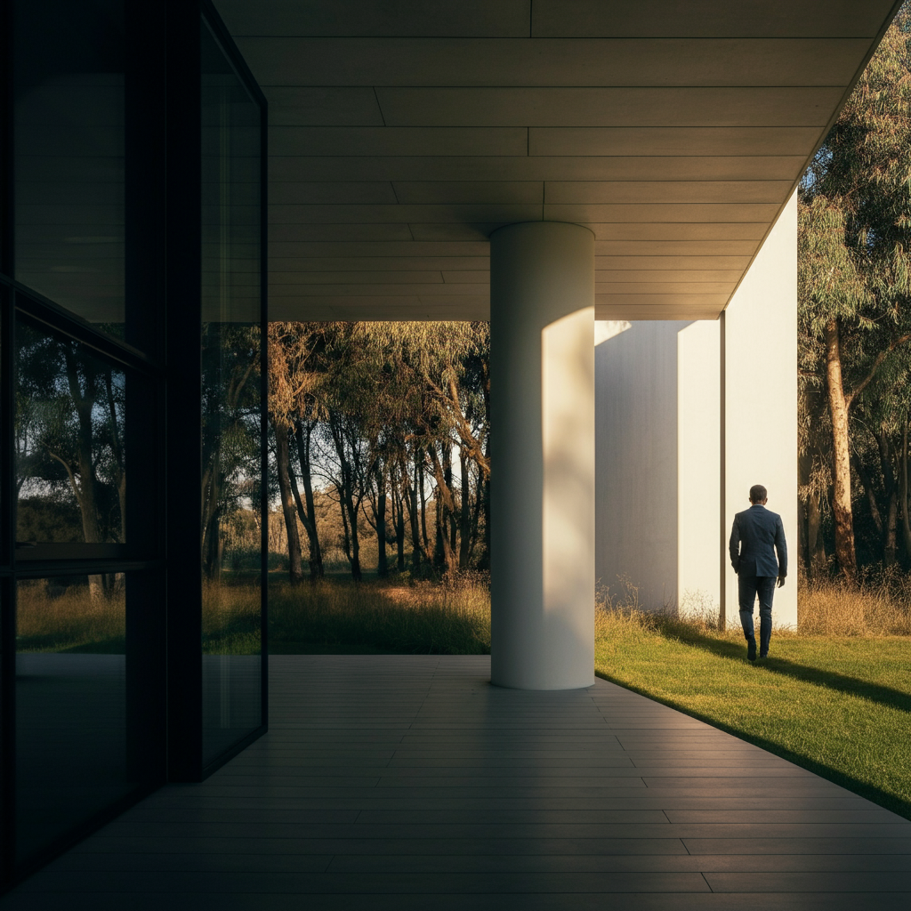 A person walking in nature, contemplating the world around them. The scene is bathed in golden hour lighting, creating a sense of peace and tranquility.