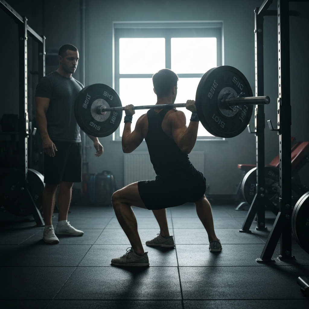 A gym setting with a weightlifter performing a barbell back squat. The lighting is diffused, highlighting the lifter's back and leg muscles. A coach stands nearby, observing the form with a critical eye.