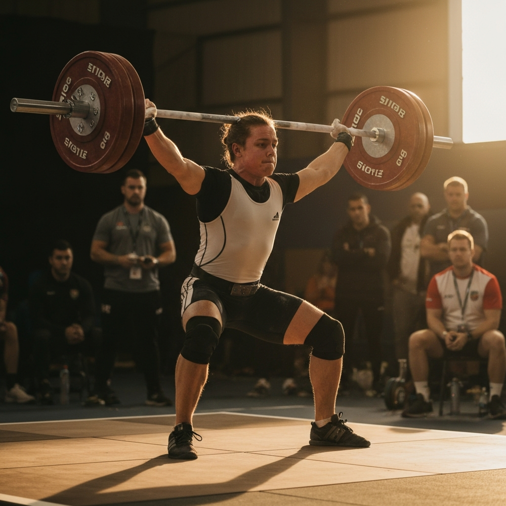 A weightlifter executing a clean and jerk in a competition setting. The platform is brightly lit, and the athlete's face shows intense concentration. The background is a blur of spectators and judges.
