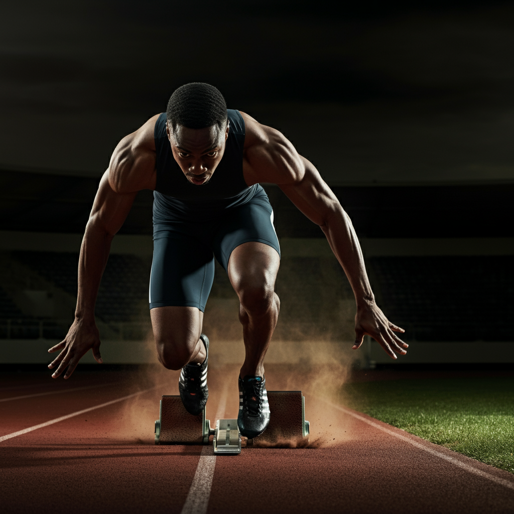A sprinter exploding off the starting blocks. The lighting is early morning "golden hour," highlighting the dust kicked up by the sprinter's feet. The background is a slightly out-of-focus track and field.