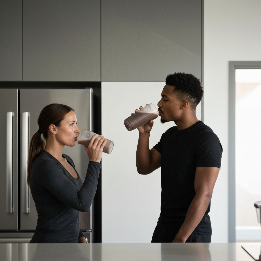 A post-workout scene with an athlete drinking a protein shake. The setting is a modern kitchen with stainless steel appliances. Soft bokeh in the background draws focus to the athlete and the shake.