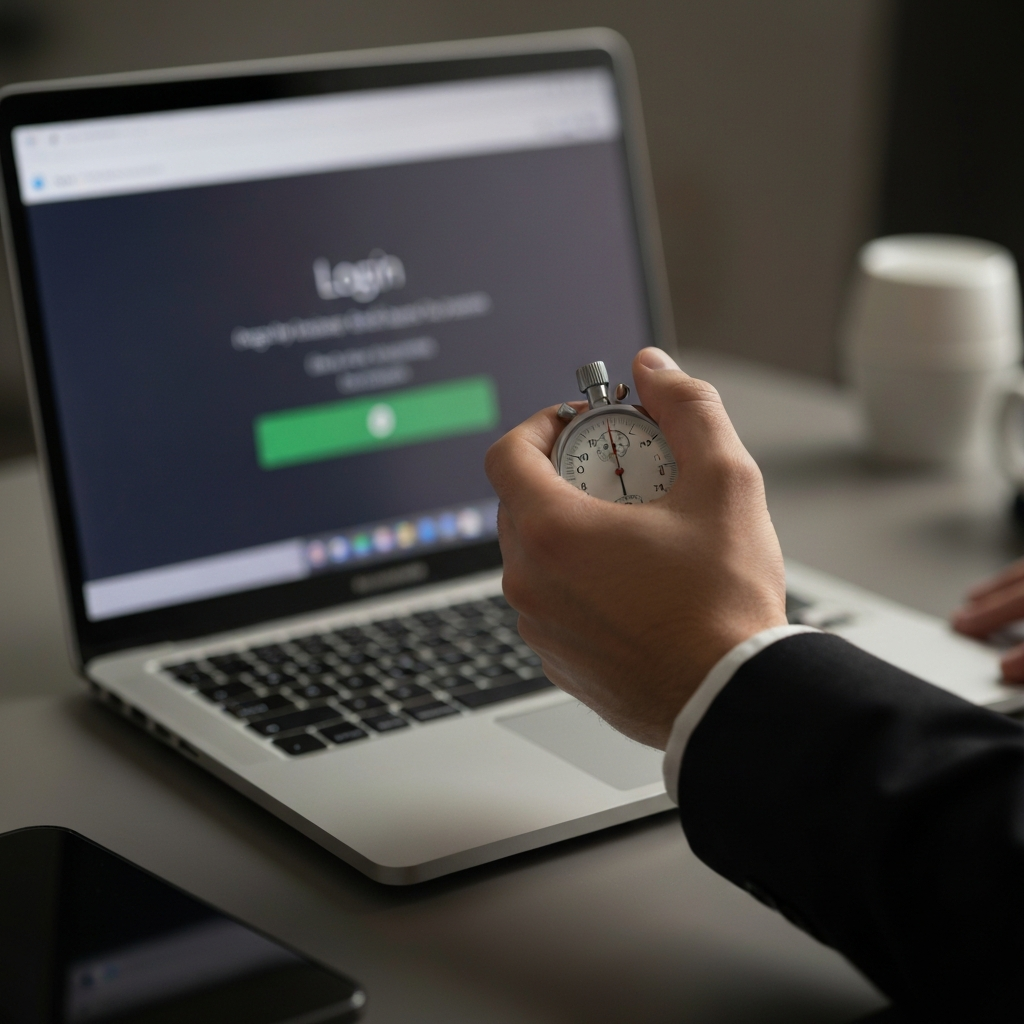 A close-up shot of a hand using a stopwatch to time the laptop's boot process, with the blurred background showing the laptop screen displaying the login prompt. Soft lighting emphasizes the texture of the hand and the stopwatch.