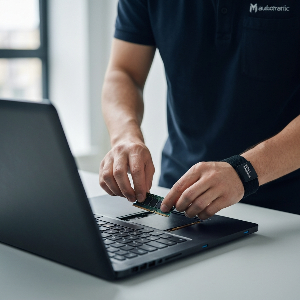 A medium shot of a technician with anti-static wrist strap carefully installing a RAM module into a laptop, with focused lighting on the RAM slot and the technician's hands.