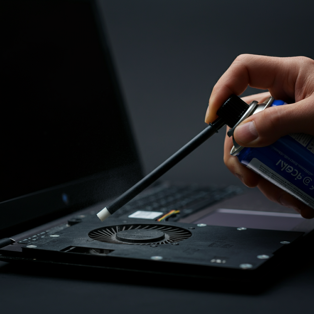 Close-up shot of a technician using a can of compressed air to clean a laptop's fan, with the nozzle slightly blurred for depth of field and the fan blades clearly visible.