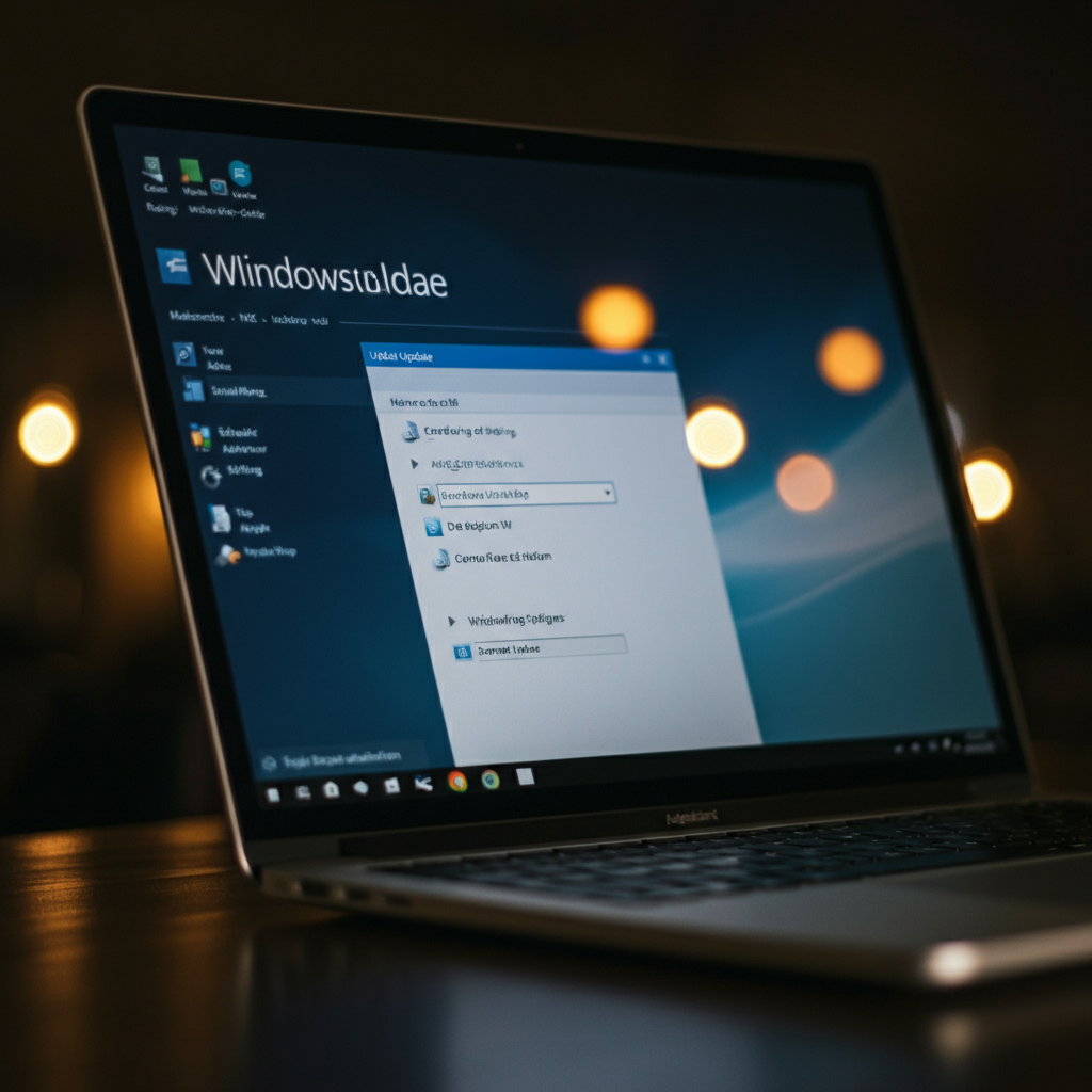A laptop screen displaying the Windows Update settings window, with a subtle bokeh effect in the background. Soft, ambient light bathes the screen.
