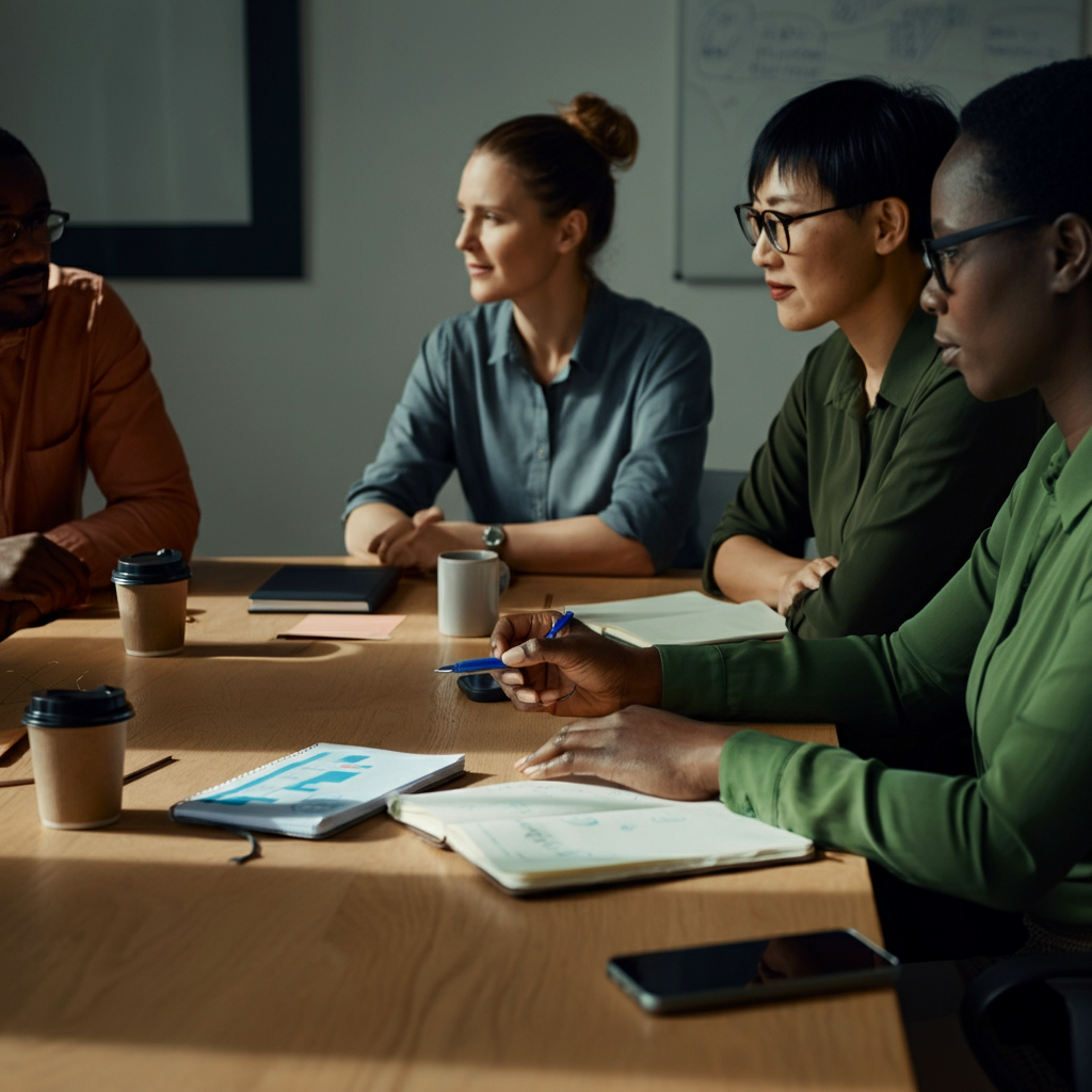 A diverse group of people are sitting around a conference table, engaged in a brainstorming session. Natural window light illuminates the scene, casting soft shadows. The table is cluttered with notebooks, pens, and coffee cups, suggesting an active discussion.