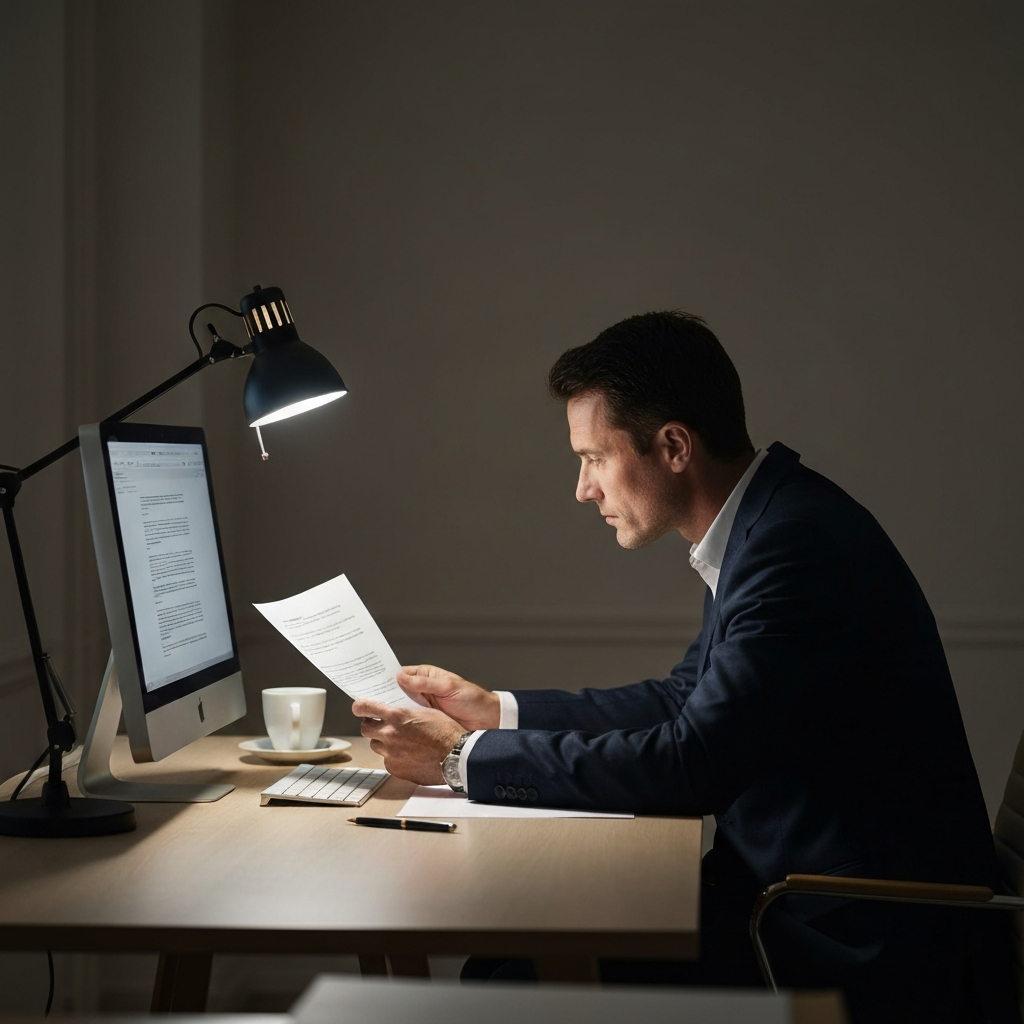 A writer sits at a desk, illuminated by a desk lamp, carefully reviewing a document on a computer screen. The room is dimly lit, highlighting the concentration on the writer's face. A cup of coffee sits nearby, and a pen rests on the desk.