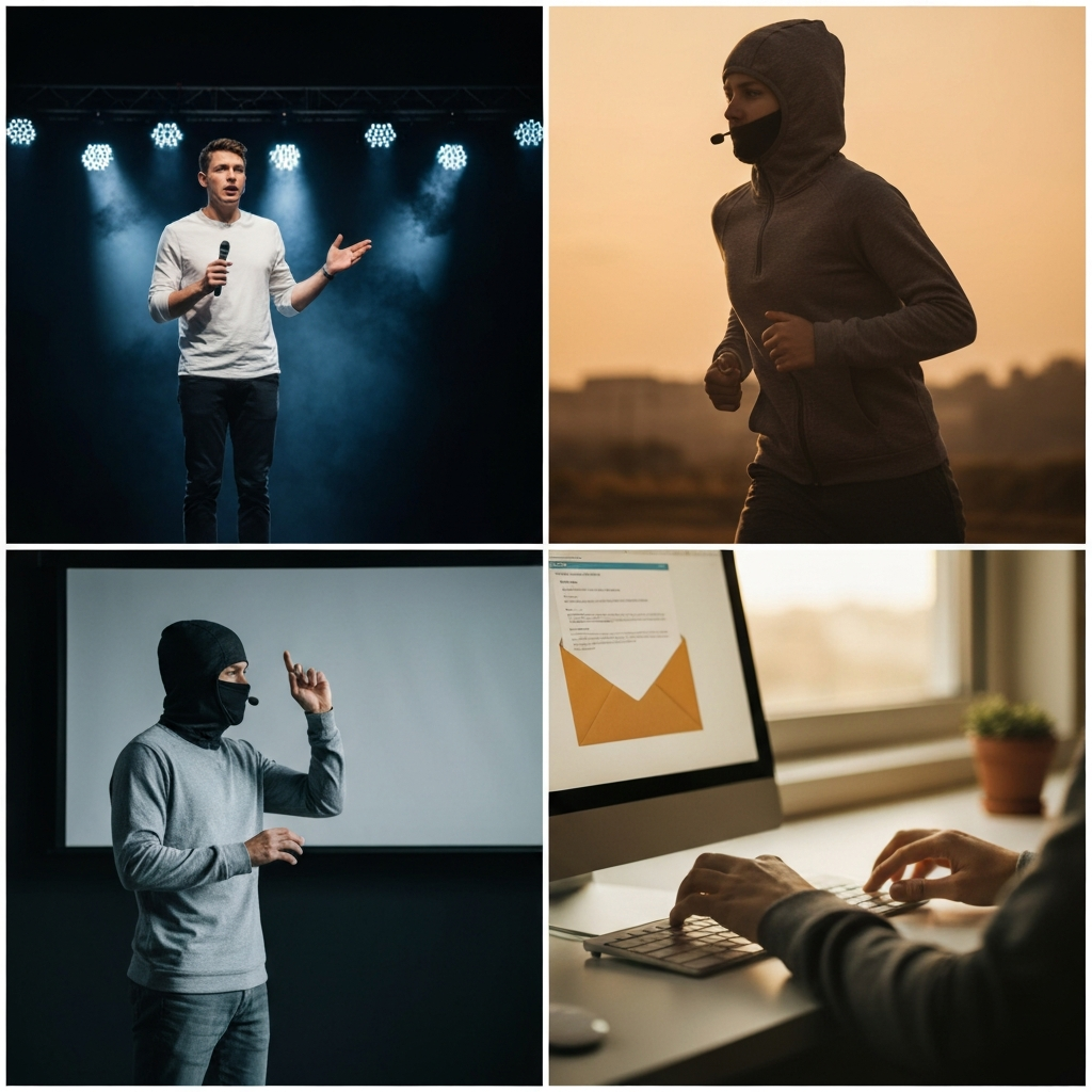 A split-screen showing different communication methods: a person giving a presentation on one side, and someone typing an email on the other. The presentation scene is brightly lit with professional stage lighting, while the email scene is softly lit by a computer screen.