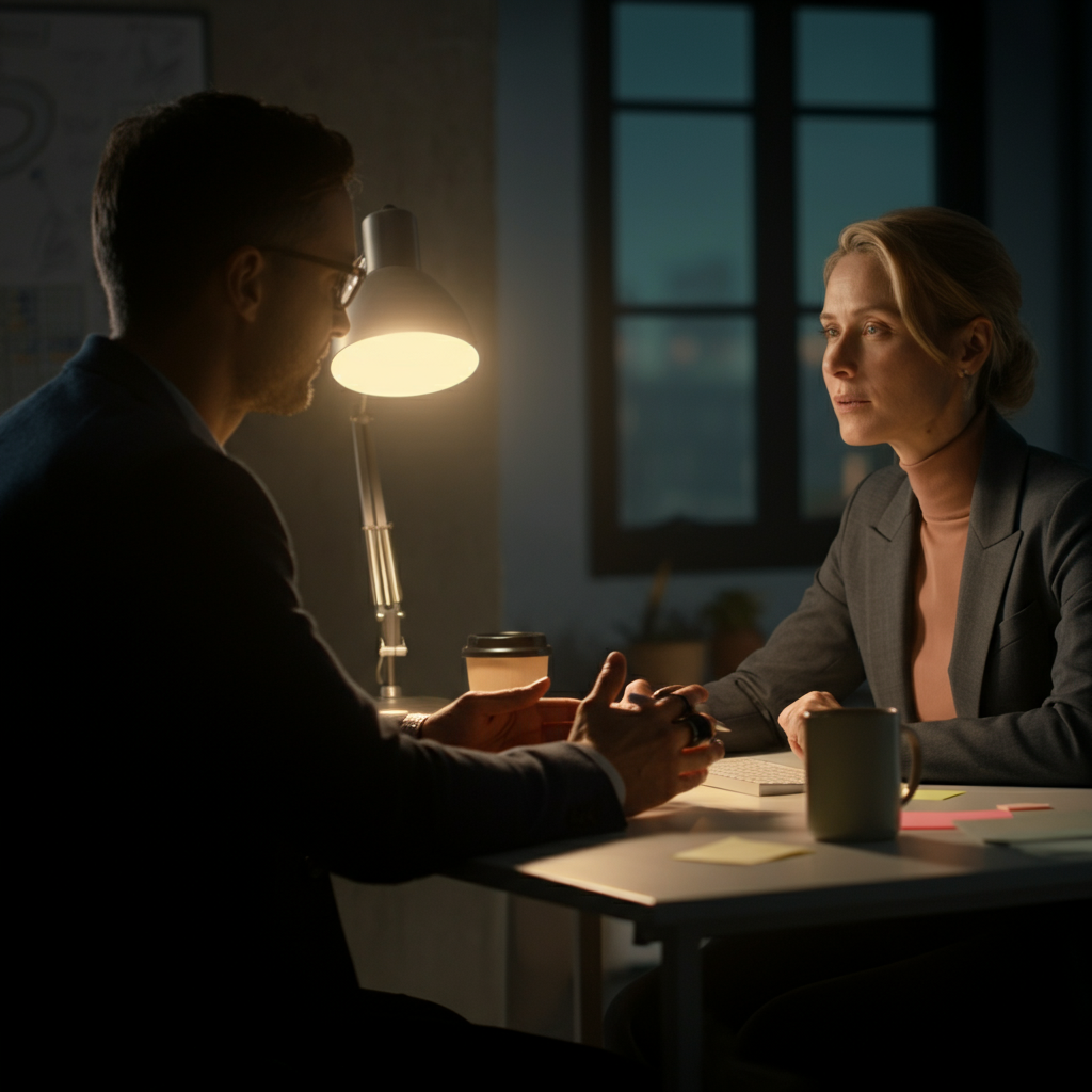 Two colleagues are engaged in a conversation at a desk. One is actively listening, leaning in and making eye contact, while the other is speaking. The scene is warmly lit, creating a comfortable and collaborative atmosphere.