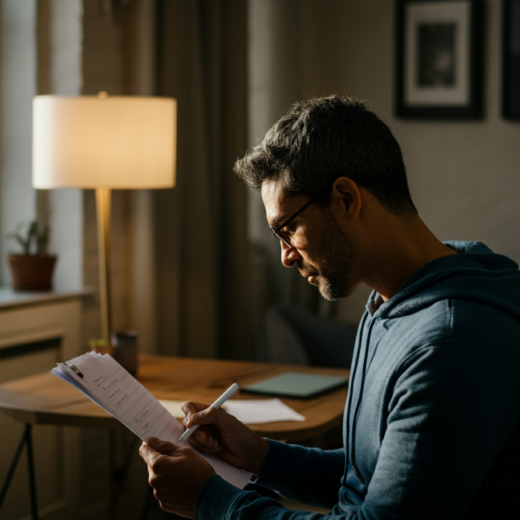A professional is reviewing notes from a feedback session. The room is brightly lit with natural light, and the person is focused on the notes with a thoughtful expression.