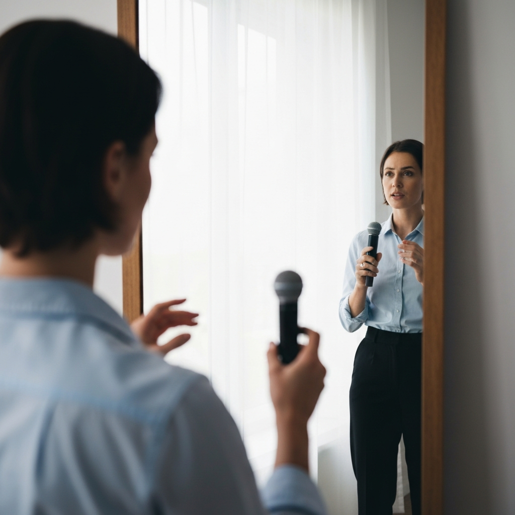 A person practicing a presentation in front of a mirror. The lighting is soft and diffused, and the person is dressed professionally and focused on their delivery.