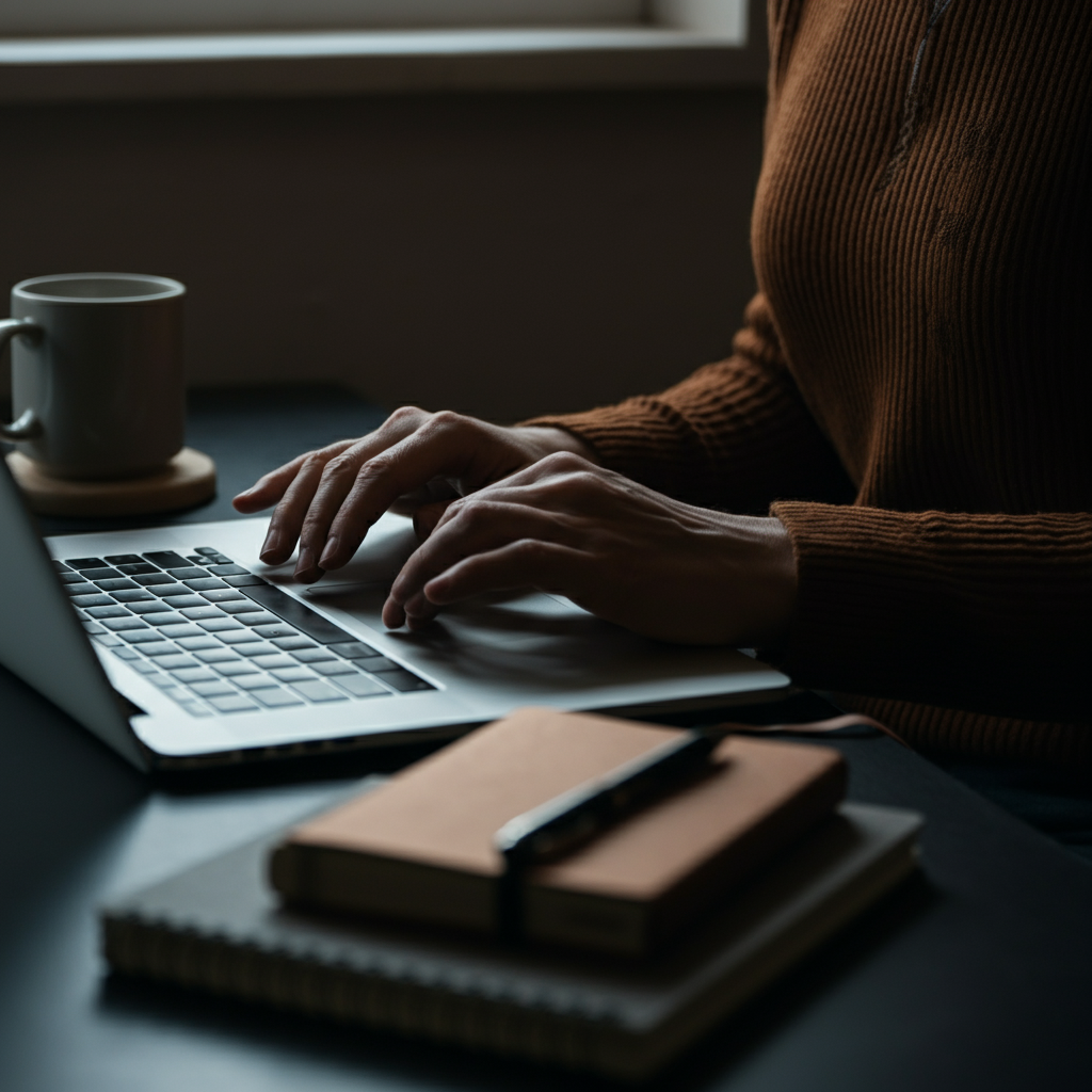 Close-up of a person's hands typing on a laptop, surrounded by neatly organized notebooks and a steaming mug of coffee. Soft natural light filtering in from a nearby window.