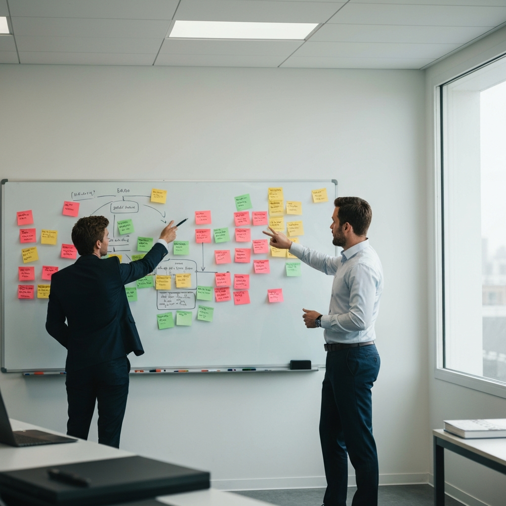 A brightly lit office space, featuring a whiteboard covered in colorful sticky notes and flowcharts. Two people are engaged in a focused discussion, gesturing at the board.