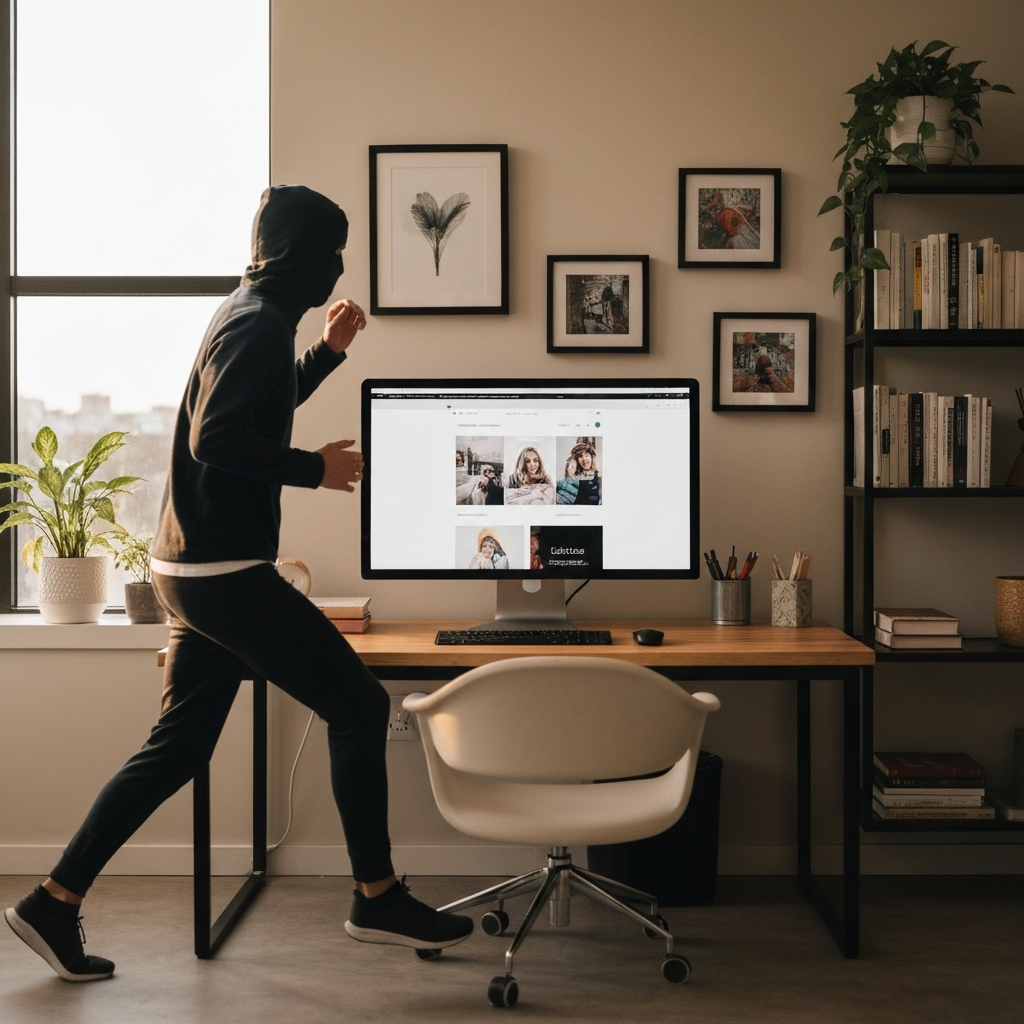 A stylishly designed home office with a large monitor displaying a visually appealing website. The office is decorated with modern art and plants, creating a productive and inspiring environment.