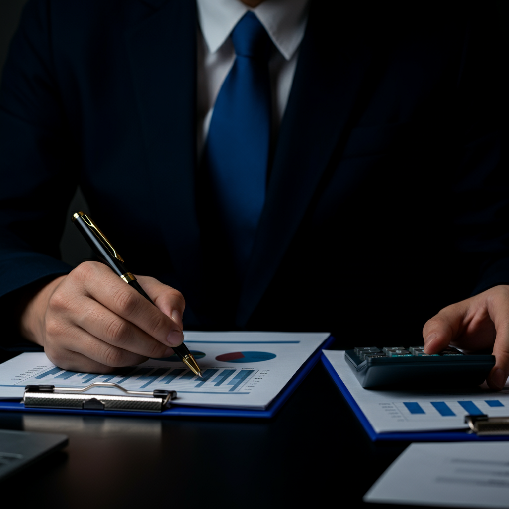 An individual meticulously reviewing financial documents at a desk. The scene features a calculator, spreadsheeds, and a pen, highlighting the importance of detailed financial analysis.