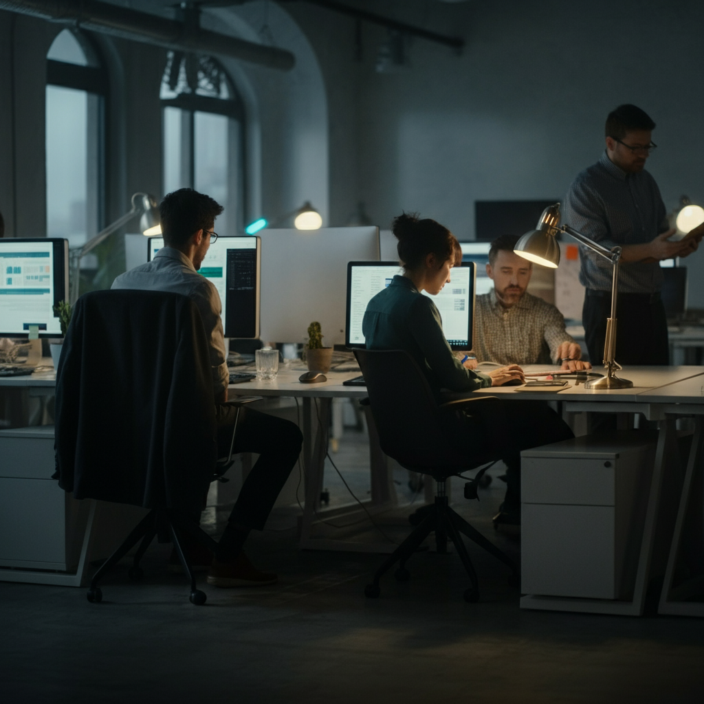 A bustling small business environment with several people working together efficiently. The scene showcases a modern office setting with open workstations and collaborative spaces.