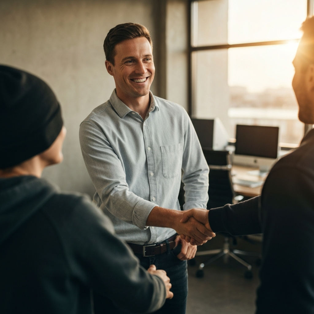 A person standing confidently in a modern, well-lit office, smiling and shaking hands with another person, signifying a positive and professional departure from a previous job.