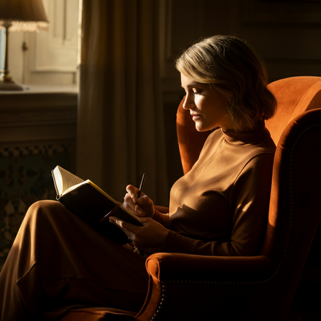 A woman sitting comfortably on a plush velvet armchair in a sunlit room, journaling in a leather-bound notebook. Soft bokeh in the background with warm, diffused light.