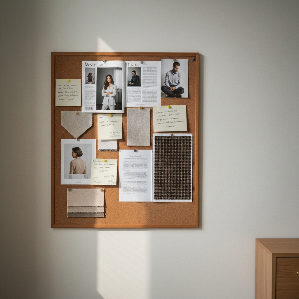 A corkboard covered with magazine clippings, fabric swatches, and handwritten notes. The board is side-lit, emphasizing the textures of the different materials.