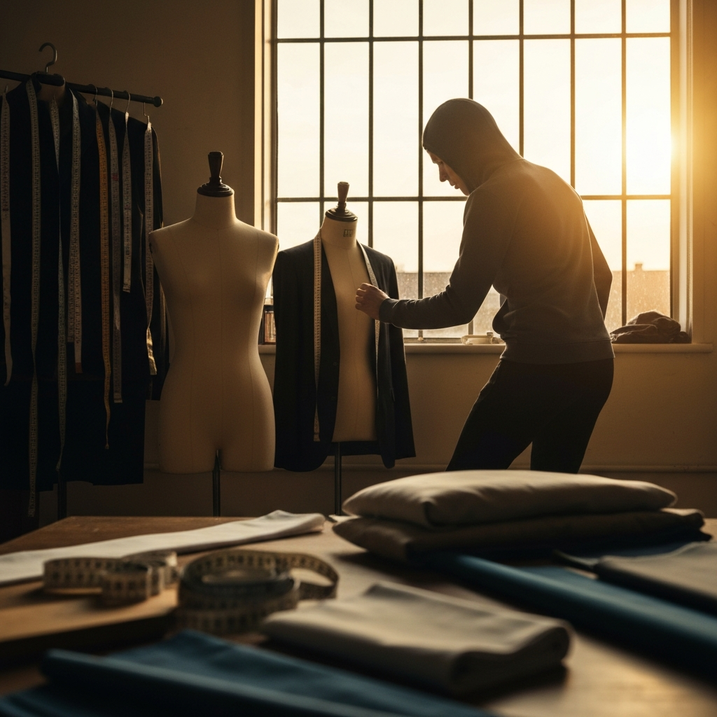A tailor's studio with various measuring tapes, fabrics, and a mannequin partially draped in a garment. Natural light streams in through a large window.