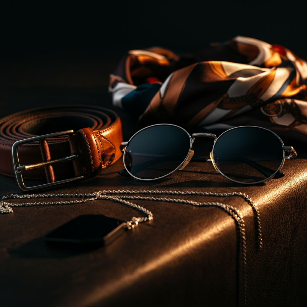 A close-up shot of various accessories: a leather belt, a silk scarf, a silver necklace, and a pair of sunglasses. Focus on the textures and details of each item. Golden hour lighting creates warm shadows.