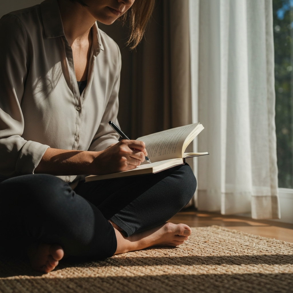 A person sitting cross-legged on a woven rug in a sunlit room, journaling with a pen and notebook. Soft morning light streams in through a sheer curtain, casting gentle shadows. Focus on the texture of the paper and the thoughtful expression on their face.