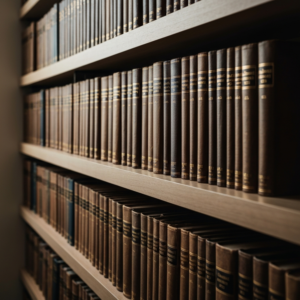 A close-up of a shelf filled with philosophical books in a dimly lit library. The books are aged and well-worn, with gold lettering on the spines. A warm light highlights the textures of the leather and paper.