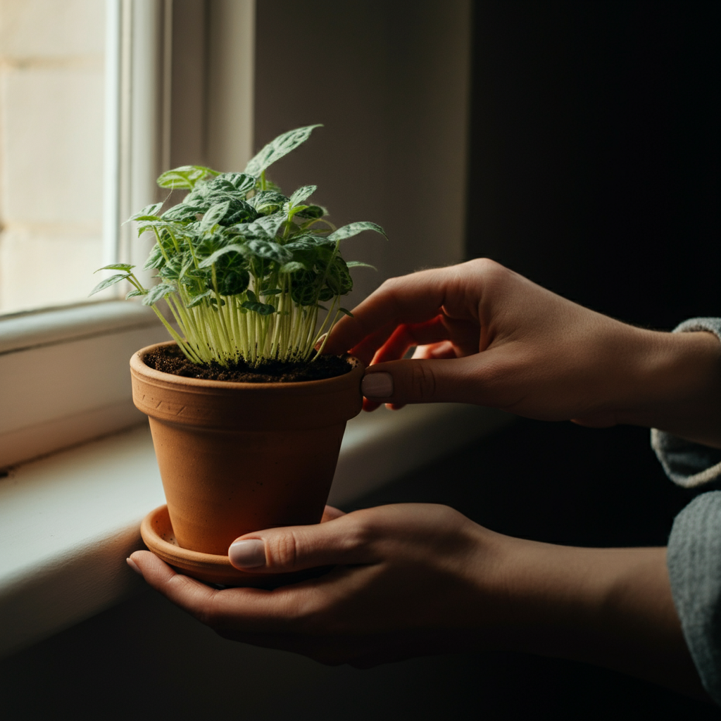 A pair of hands gently tending to a small potted plant on a windowsill. Soft focus highlights the texture of the soil and the delicate leaves. Golden hour lighting creates a warm, peaceful atmosphere.
