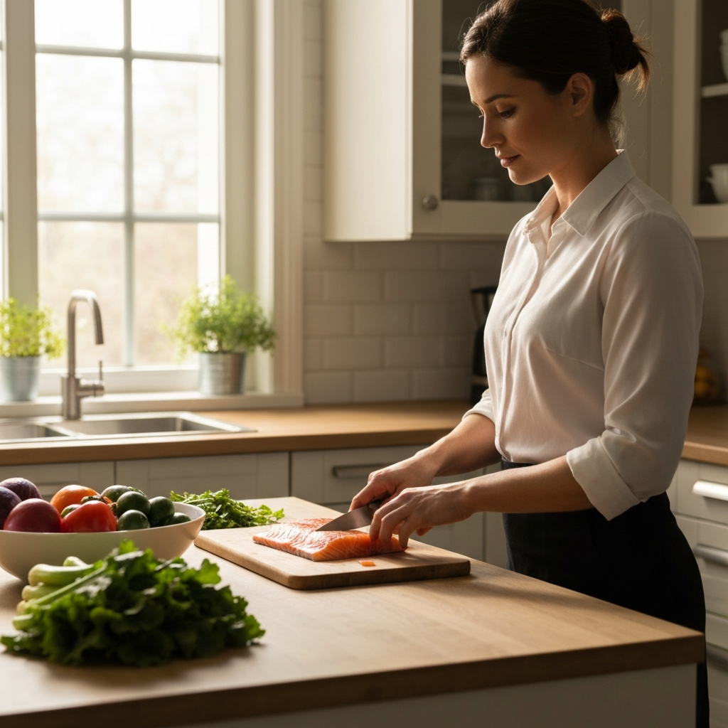 A brightly lit kitchen. A woman is preparing a salmon fillet on a wooden cutting board, surrounded by fresh vegetables. Natural light streams in through a window, highlighting the textures of the fish and the vibrant colors of the produce.