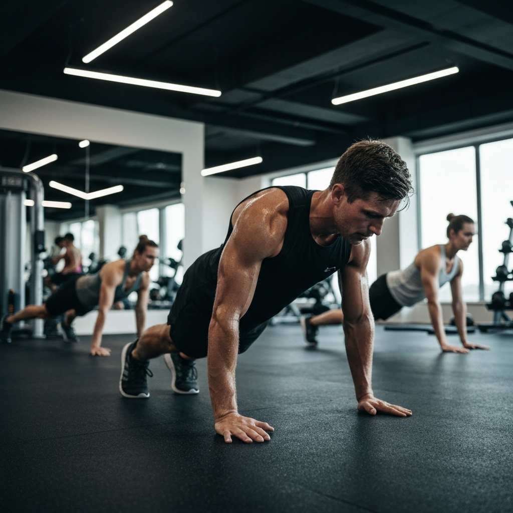A modern gym with diffused lighting. A man is performing burpees with good form, sweat glistening on his forehead. Other individuals are engaged in various exercises in the background, creating a dynamic atmosphere.