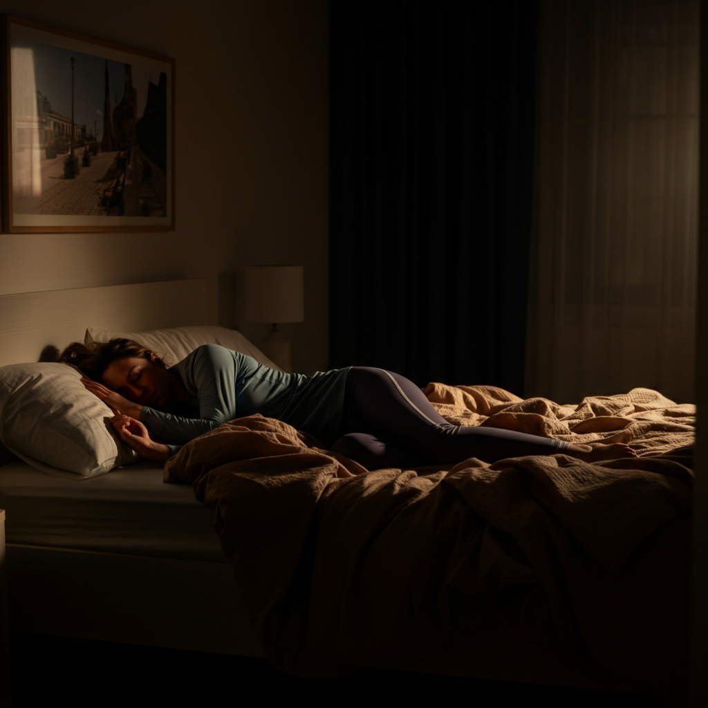A dimly lit bedroom at twilight. A woman is peacefully asleep in a comfortable bed, with soft, breathable bedding. The room is tidy and uncluttered, promoting a sense of tranquility.