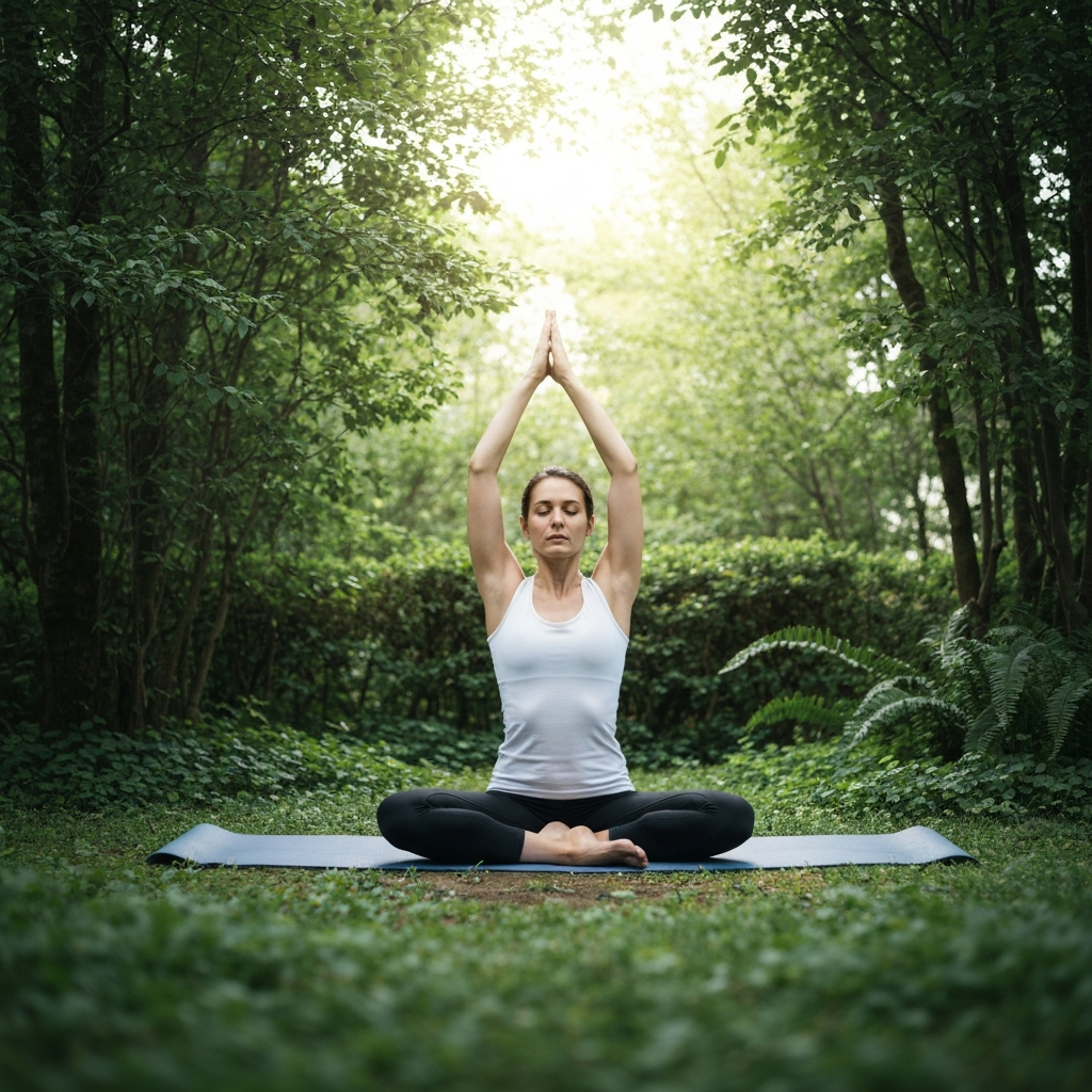 A serene outdoor setting. A person is practicing yoga on a mat surrounded by lush greenery, with soft, natural light filtering through the trees.