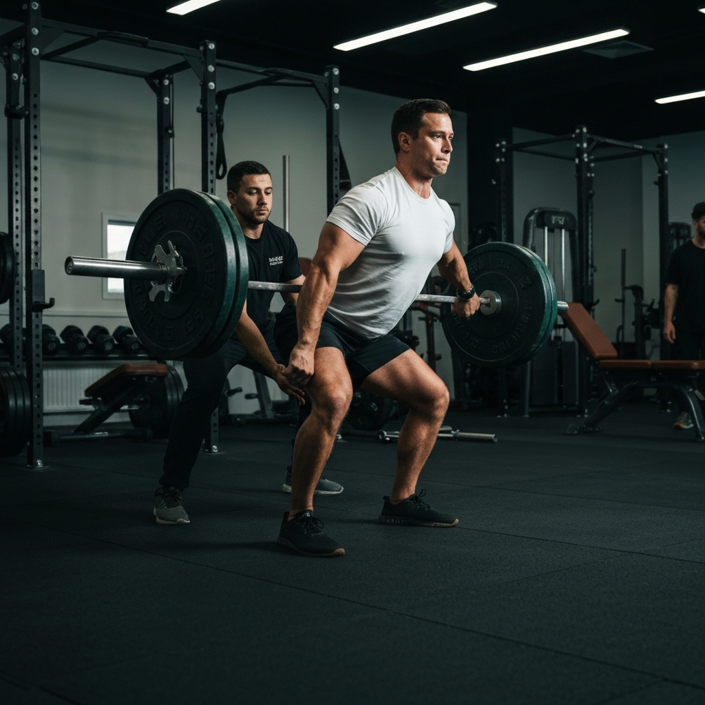 A well-equipped gym. A man is performing a deadlift with proper form, showcasing strength and control. Spotters are present, ensuring safety.