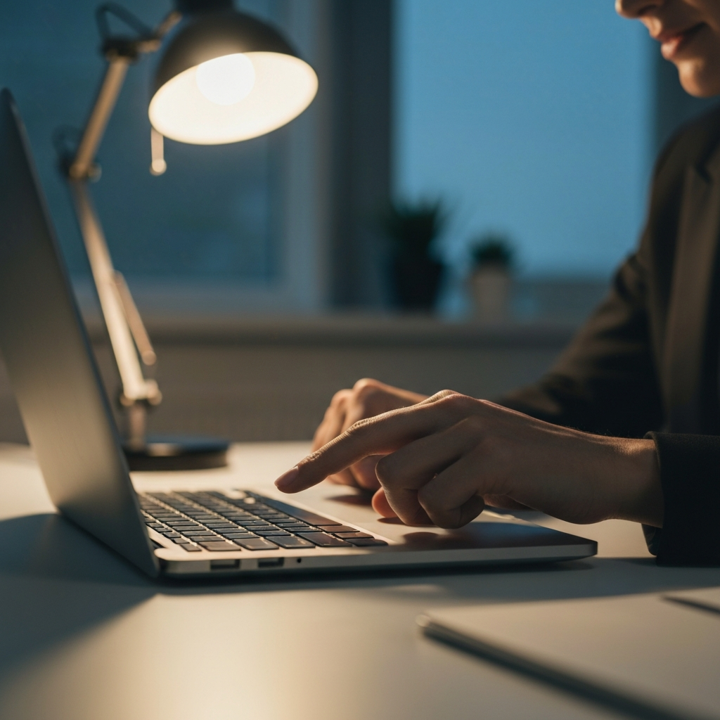 A close-up shot of a finger pressing the power button on a sleek laptop. The background is softly blurred, showing a clean desk with minimal clutter, bathed in the warm glow of a table lamp.