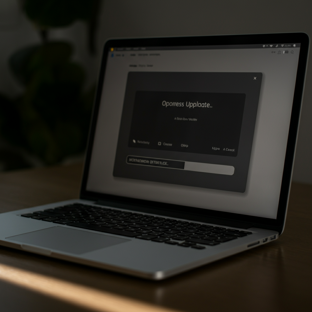 A close-up shot of a progress bar showing an operating system update being installed on a laptop screen. The laptop is sitting on a wooden desk, illuminated by natural light coming from a window. The room is modern and minimalist.