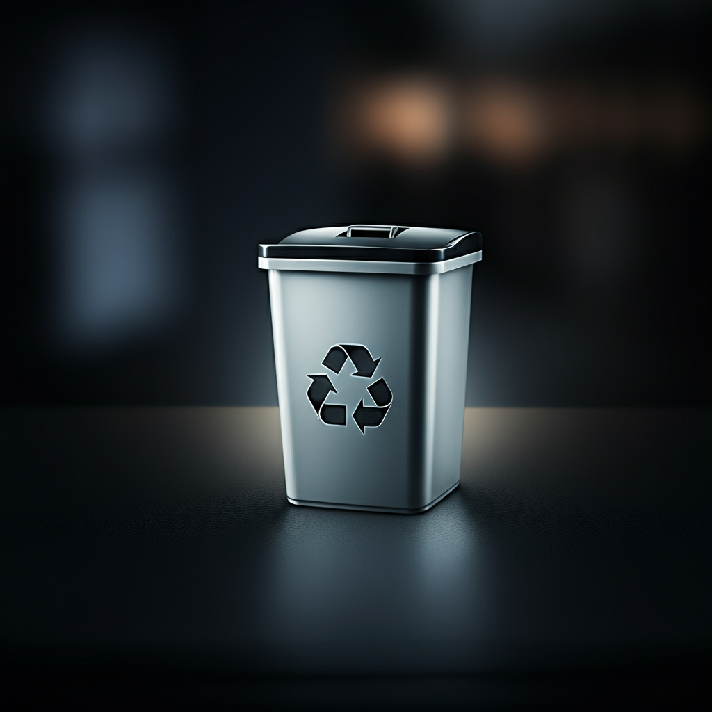An empty Recycle Bin icon on a computer desktop. The background is blurred, showing a clean and organized workspace. The lighting is soft and diffused, creating a sense of calmness and efficiency.