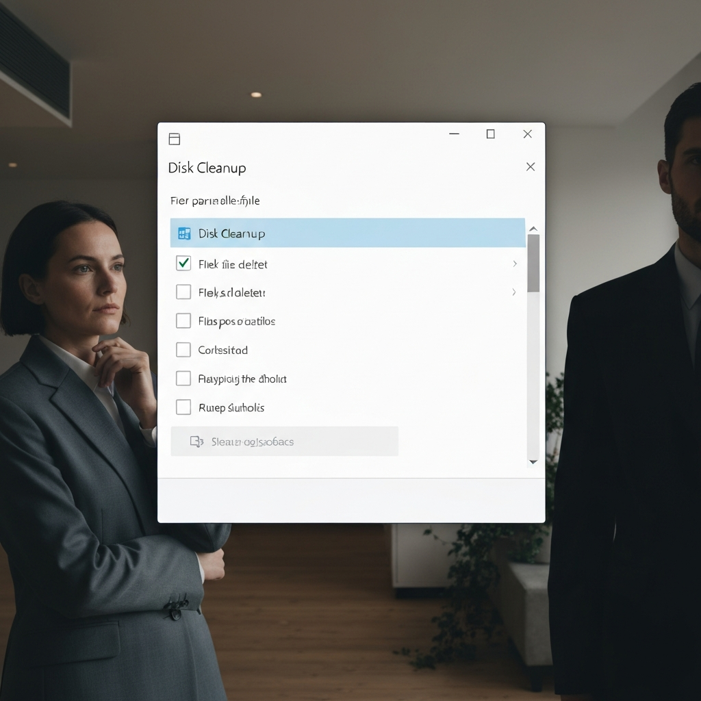 A screenshot of the Disk Cleanup utility on a Windows computer. The focus is on the list of file types that can be deleted, with checkboxes next to each one. The lighting is bright and clear, showcasing the user-friendly interface.