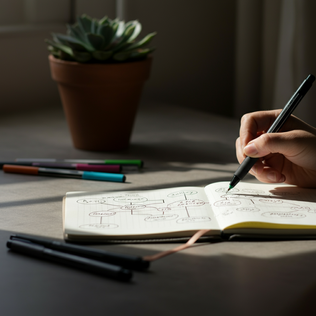 A well-organized desk with a notebook open to a mind map. Soft natural light streams in from a nearby window, highlighting the texture of the paper and the various colored pens scattered around. A succulent plant sits in a pot in the background, slightly out of focus.