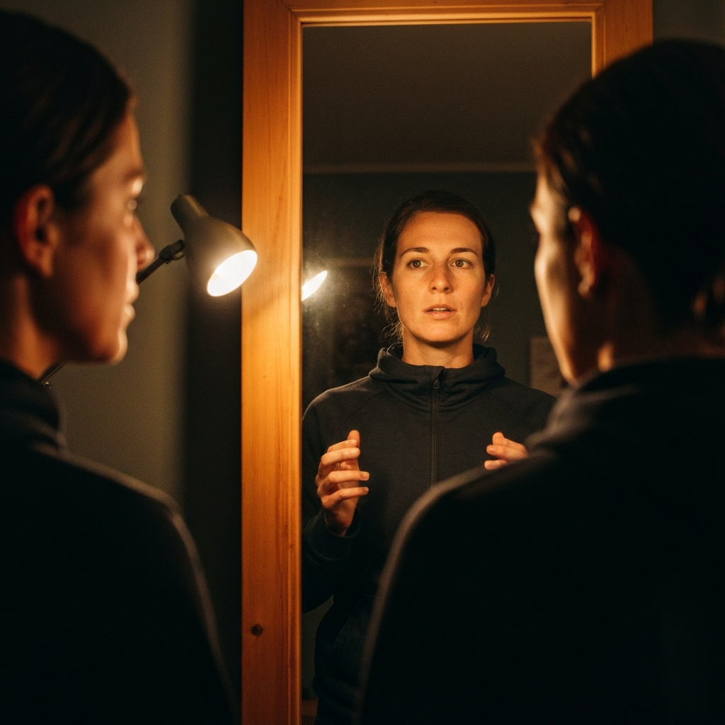 A side-lit shot of a person practicing a speech in front of a mirror. The mirror reflects the person's focused expression and confident posture. The room is dimly lit with a single lamp, casting a soft glow on the person's face. The texture of the wooden frame of the mirror is visible.